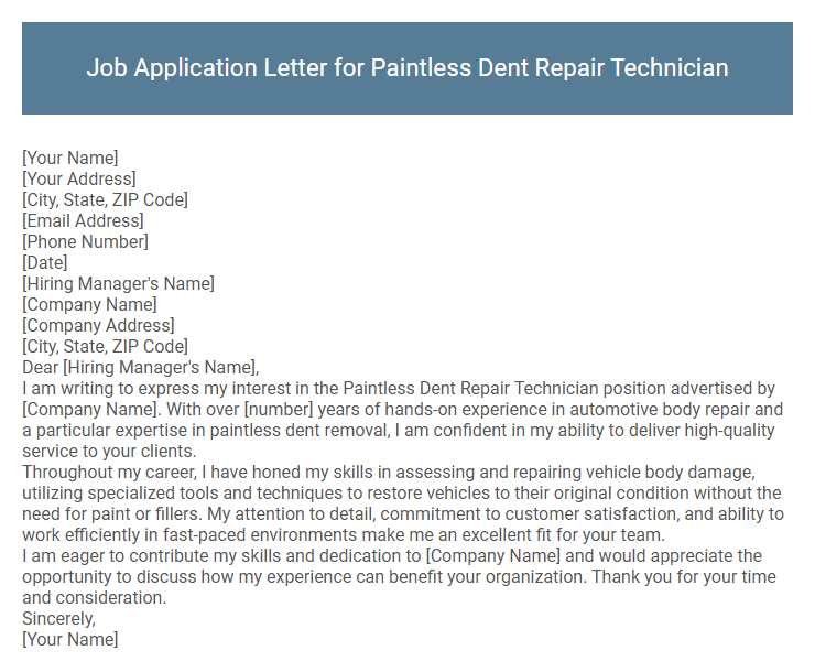 Job Application Letter for Paintless Dent Repair Technician