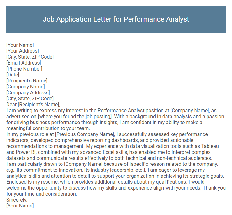 Job Application Letter for Performance Analyst