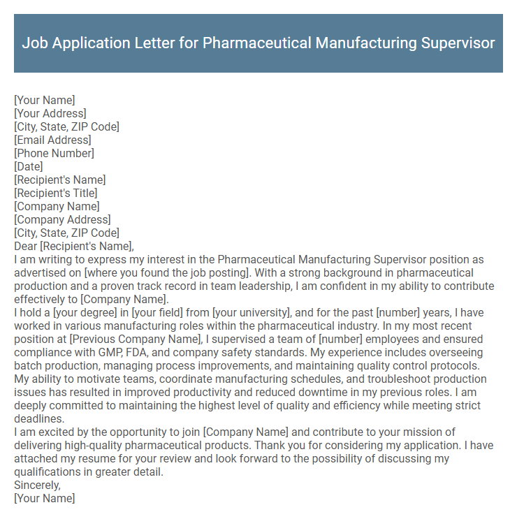 Job Application Letter for Pharmaceutical Manufacturing Supervisor