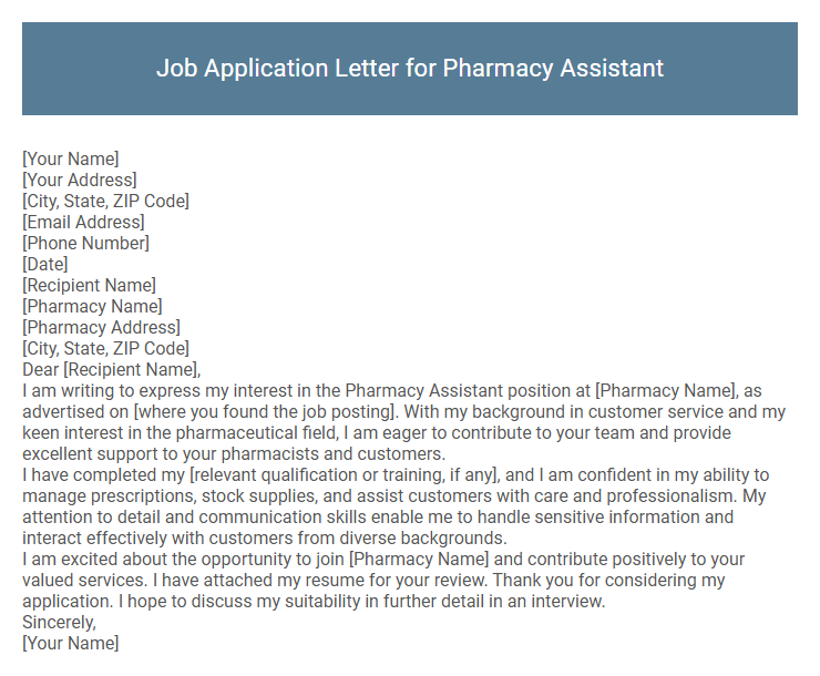 Job Application Letter for Pharmacy Assistant