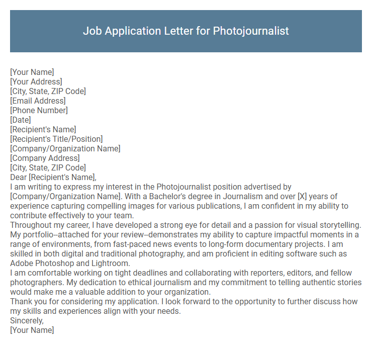 Job Application Letter for Photojournalist