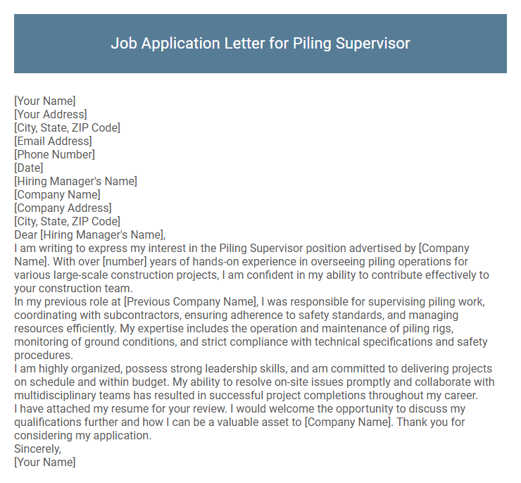 Job Application Letter for Piling Supervisor