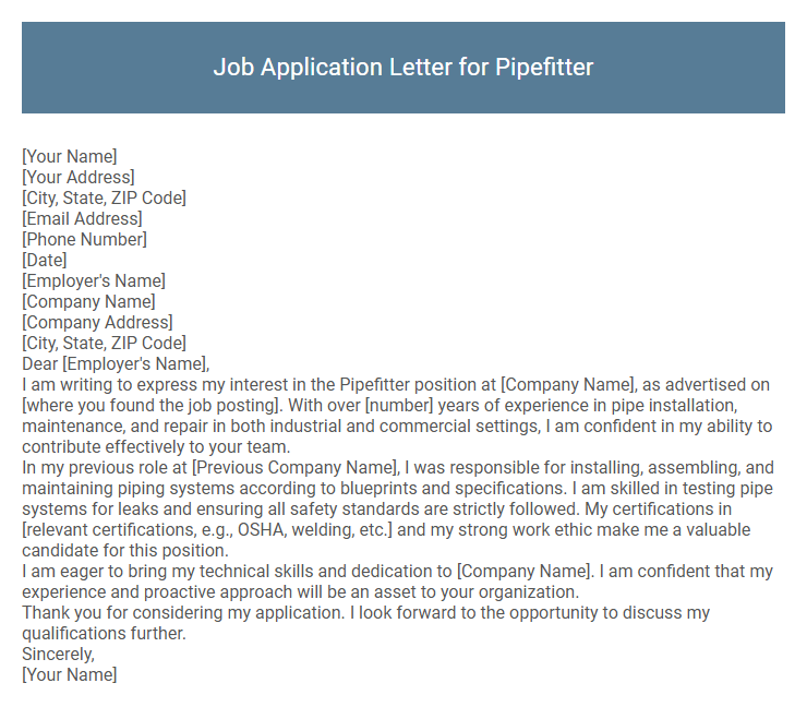 Job Application Letter for Pipefitter