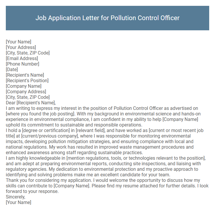 Job Application Letter for Pollution Control Officer