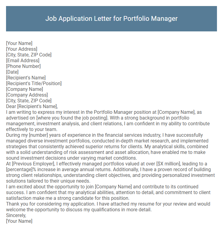 Job Application Letter for Portfolio Manager