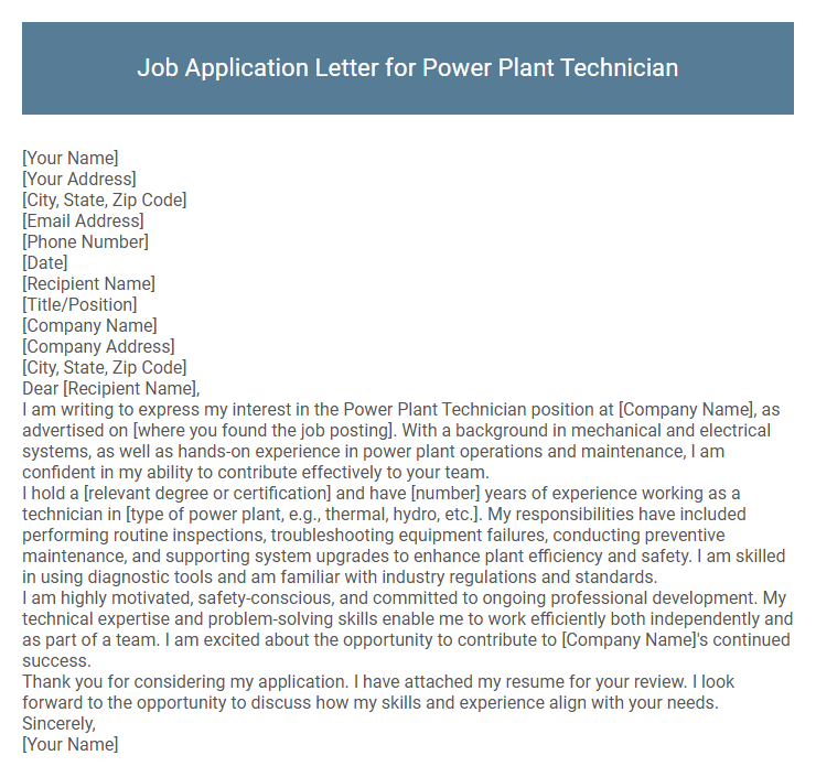 Job Application Letter for Power Plant Technician