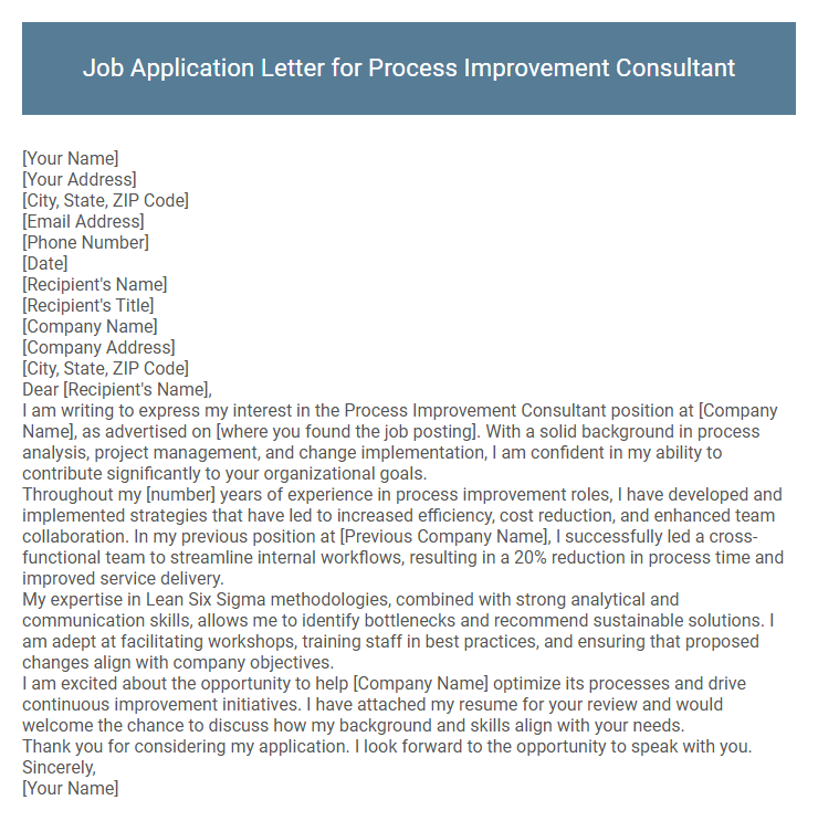 Job Application Letter for Process Improvement Consultant
