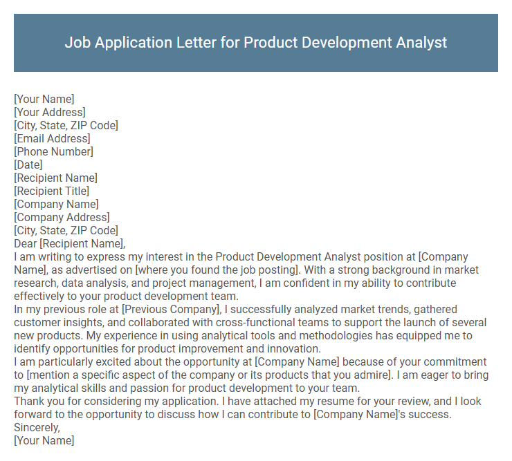 Job Application Letter for Product Development Analyst