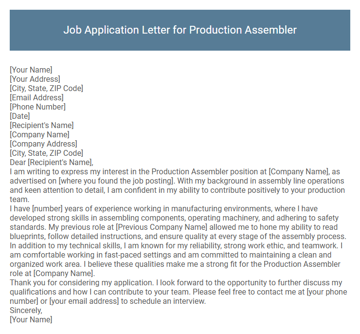 Job Application Letter for Production Assembler