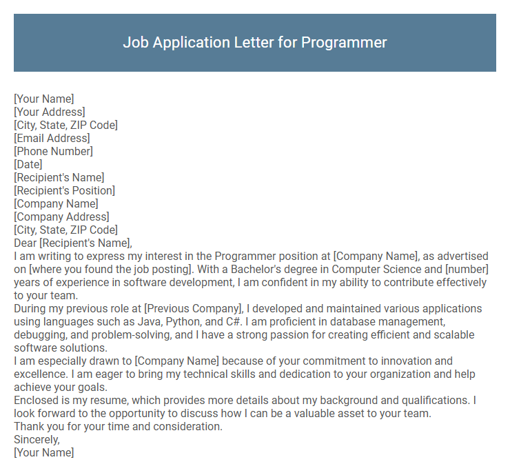 Job Application Letter for Programmer