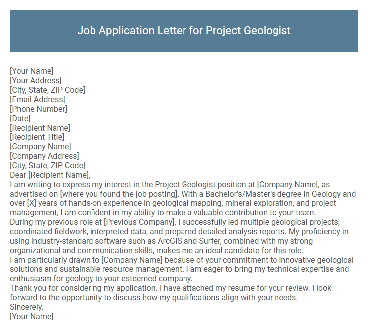 Job Application Letter for Project Geologist
