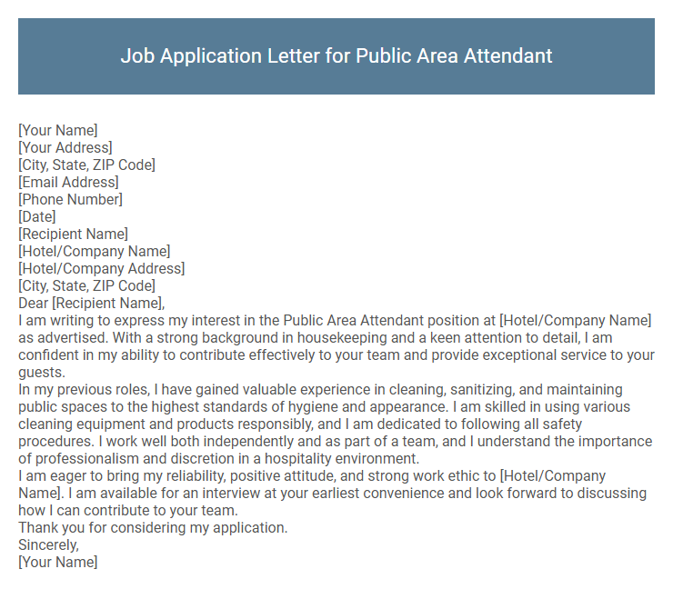 Job Application Letter for Public Area Attendant