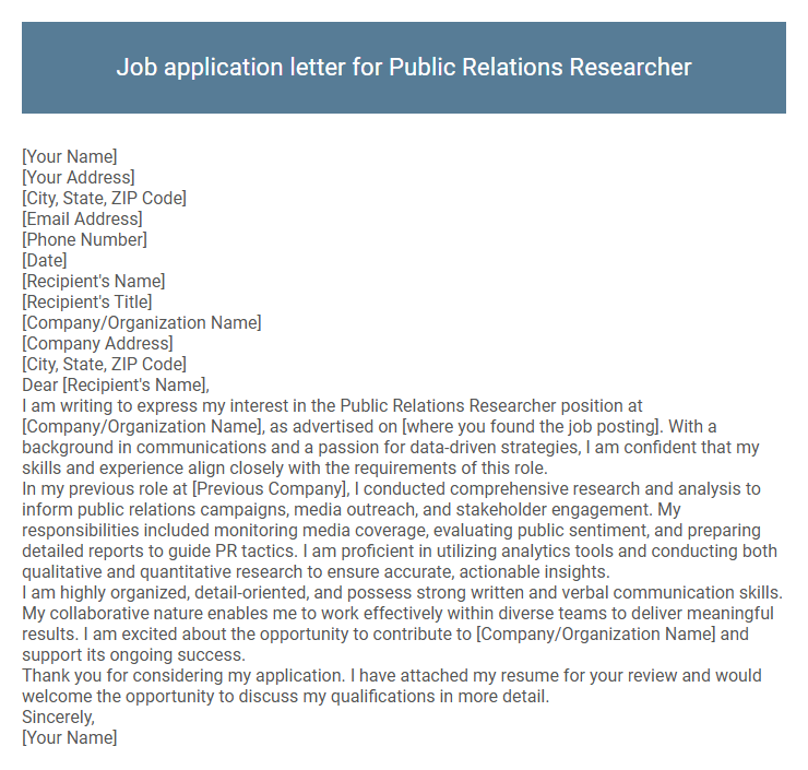 Job application letter for Public Relations Researcher