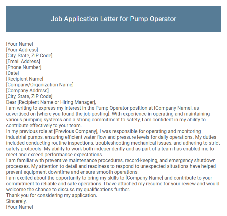 Job Application Letter for Pump Operator