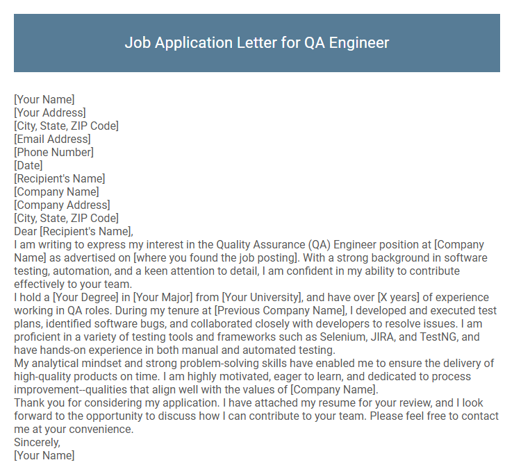 Job Application Letter for QA Engineer