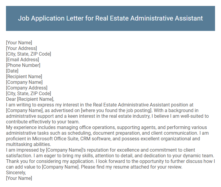 Job Application Letter for Real Estate Administrative Assistant