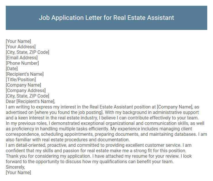 Job Application Letter for Real Estate Assistant