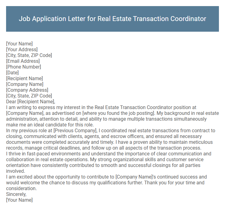 Job Application Letter for Real Estate Transaction Coordinator