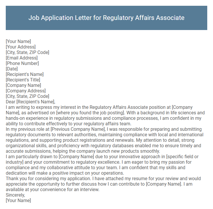 Job Application Letter for Regulatory Affairs Associate