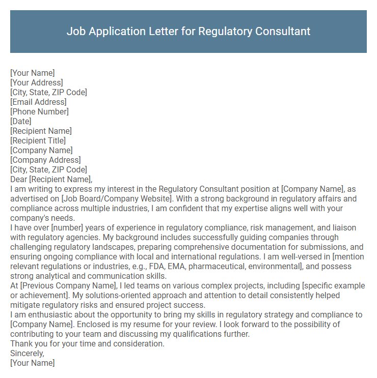 Job Application Letter for Regulatory Consultant