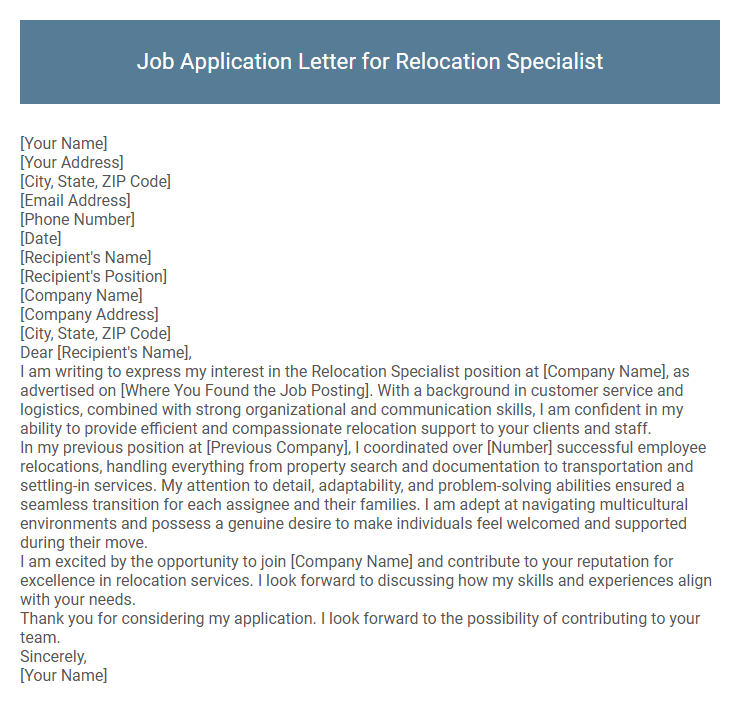 Job Application Letter for Relocation Specialist