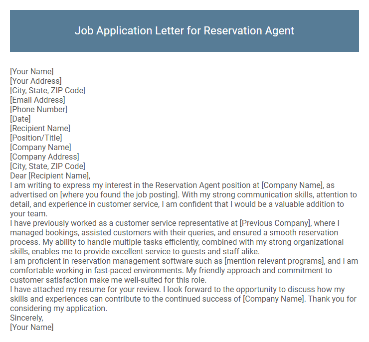 Job Application Letter for Reservation Agent