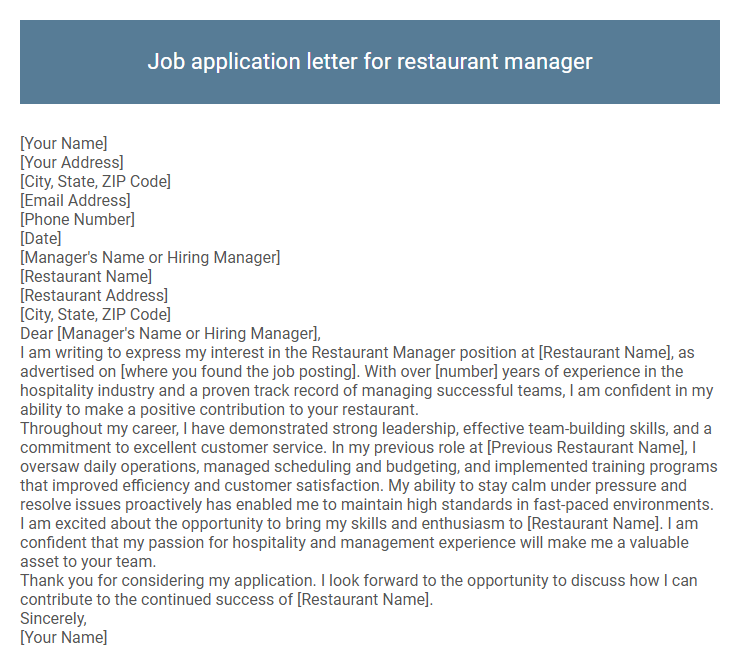 Job application letter for restaurant manager