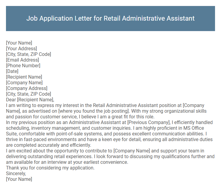 Job Application Letter for Retail Administrative Assistant