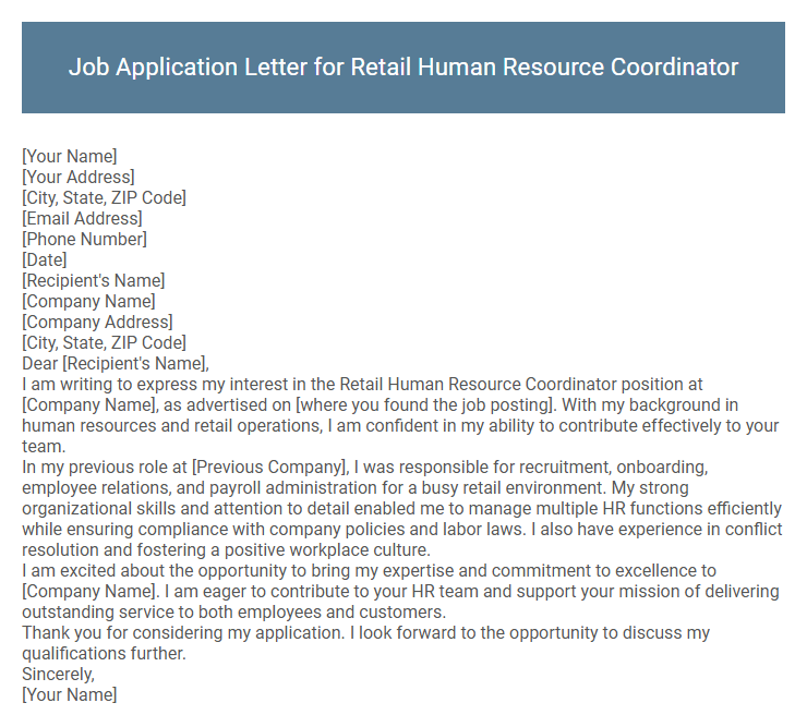 Job Application Letter for Retail Human Resource Coordinator