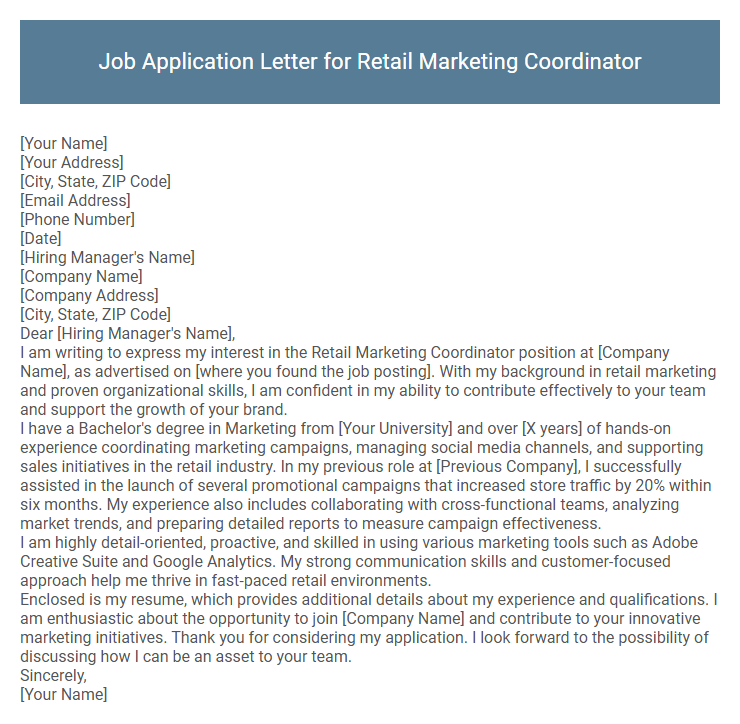 Job Application Letter for Retail Marketing Coordinator