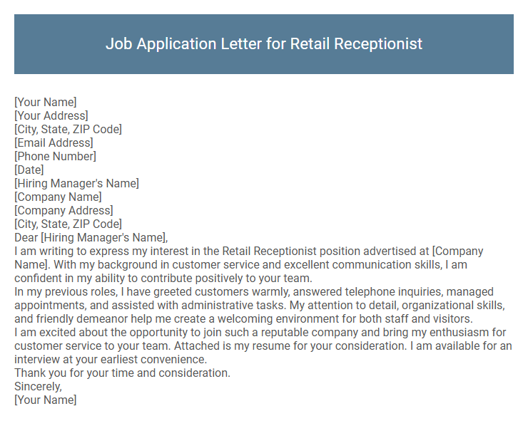 Job Application Letter for Retail Receptionist