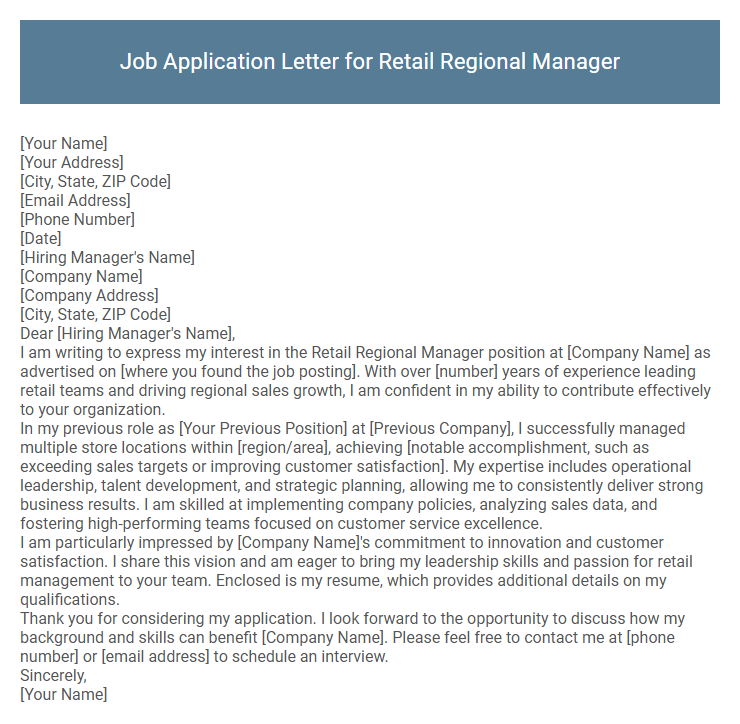 Job Application Letter for Retail Regional Manager
