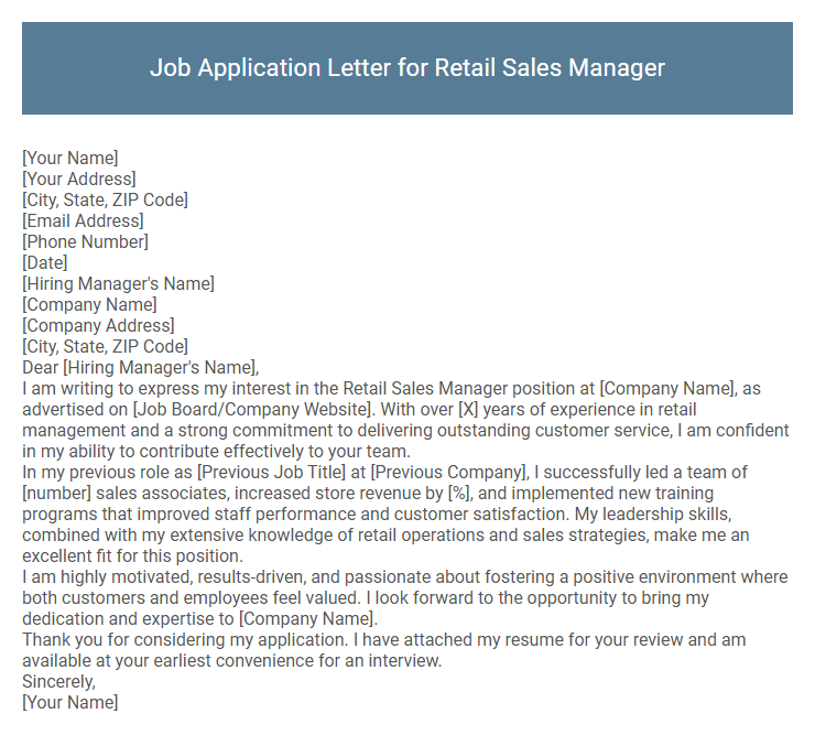 Job Application Letter for Retail Sales Manager
