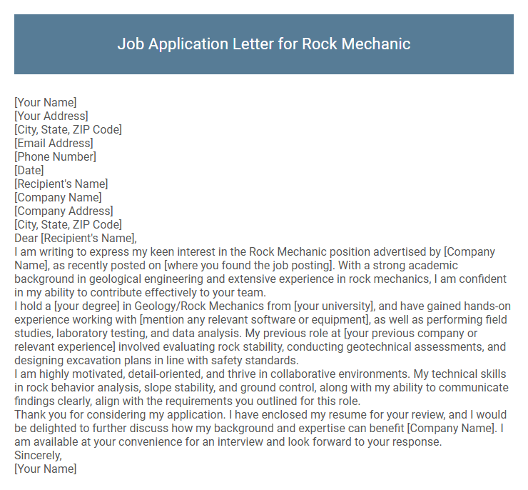 Job Application Letter for Rock Mechanic