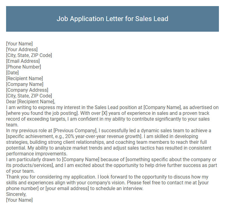 Job Application Letter for Sales Lead