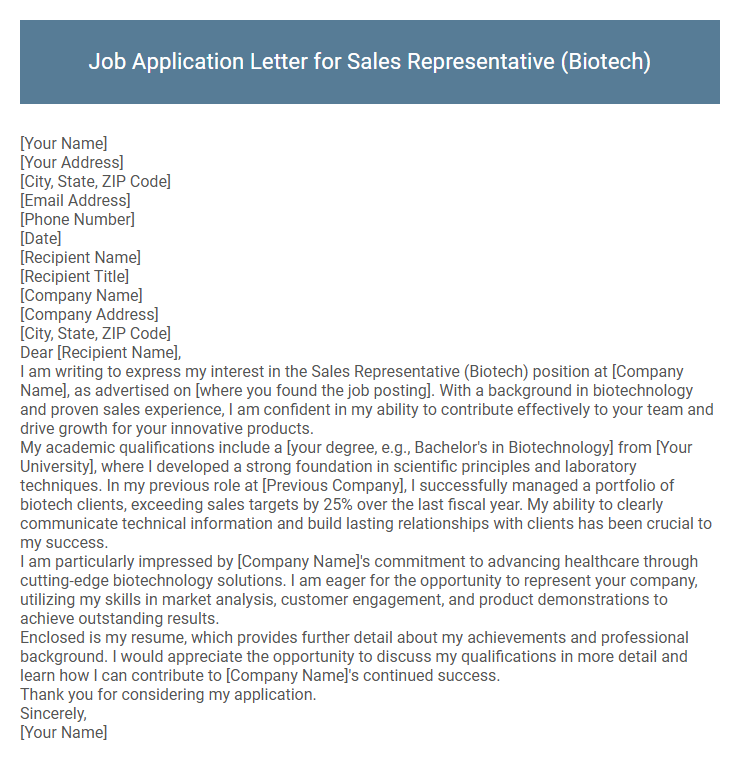 Job Application Letter for Sales Representative (Biotech)