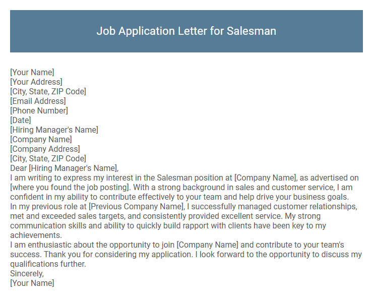 Job Application Letter for Salesman