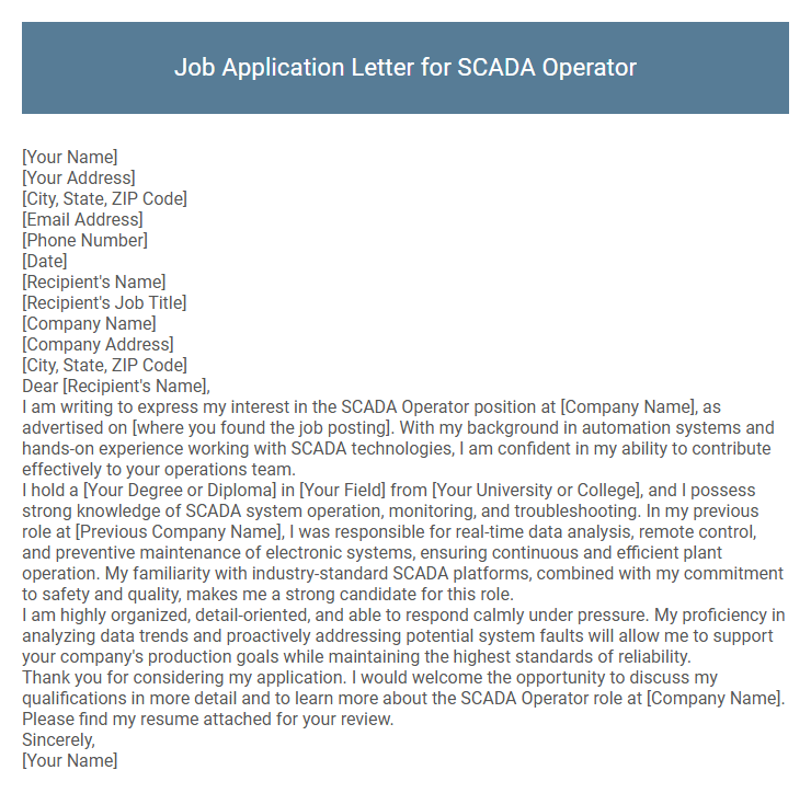 Job Application Letter for SCADA Operator