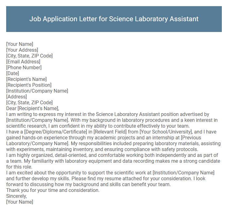 Job Application Letter for Science Laboratory Assistant