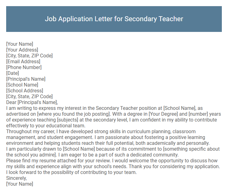 Job Application Letter for Secondary Teacher