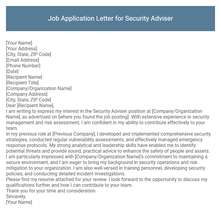 Job Application Letter for Security Adviser