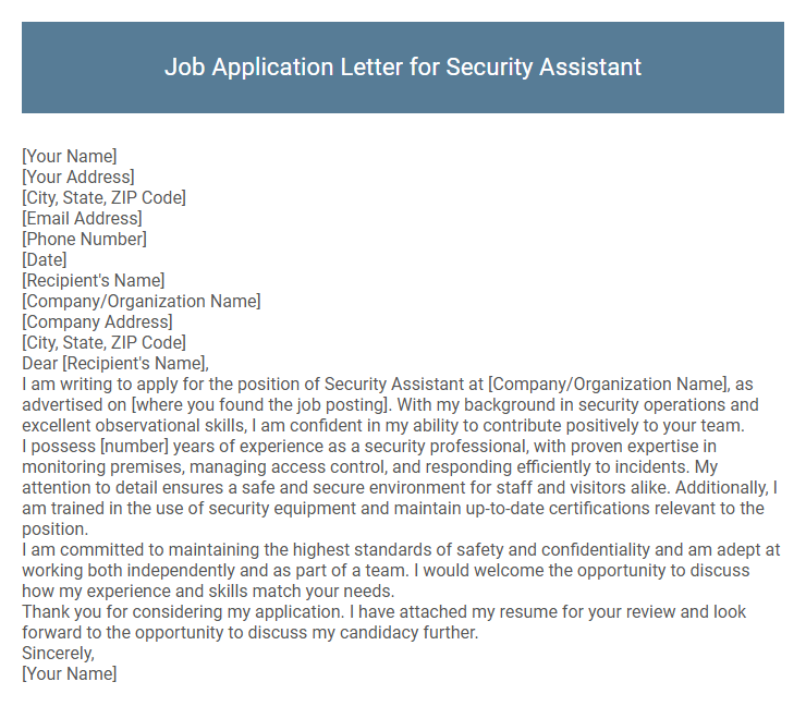 Job Application Letter for Security Assistant