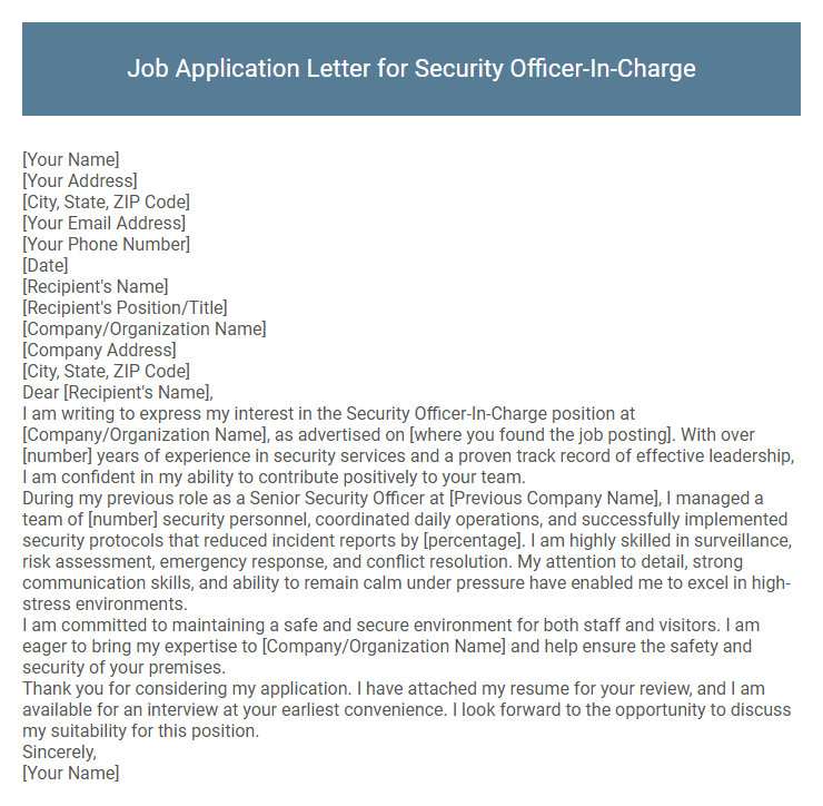 Job Application Letter for Security Officer-In-Charge