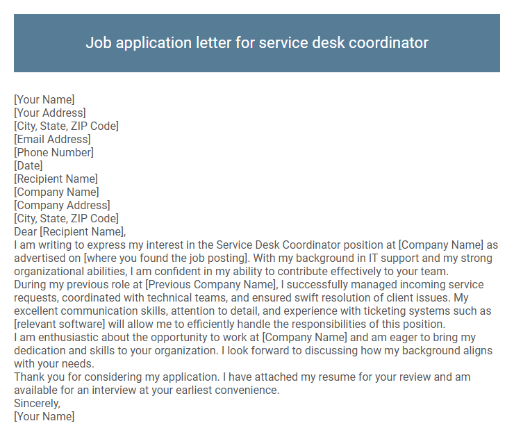 Job application letter for service desk coordinator