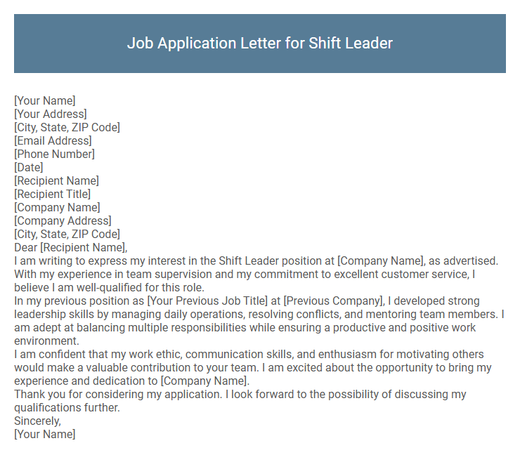 Job Application Letter for Shift Leader