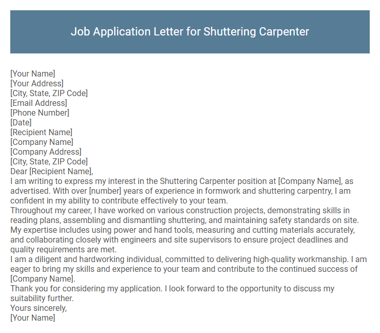 Job Application Letter for Shuttering Carpenter