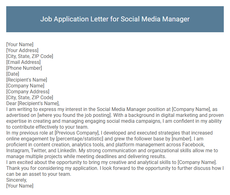 Job Application Letter for Social Media Manager
