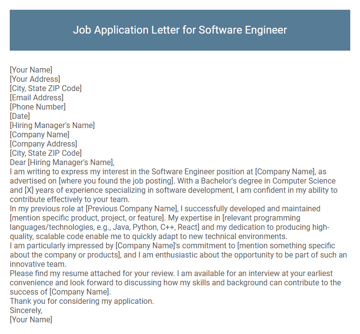 Job Application Letter for Software Engineer