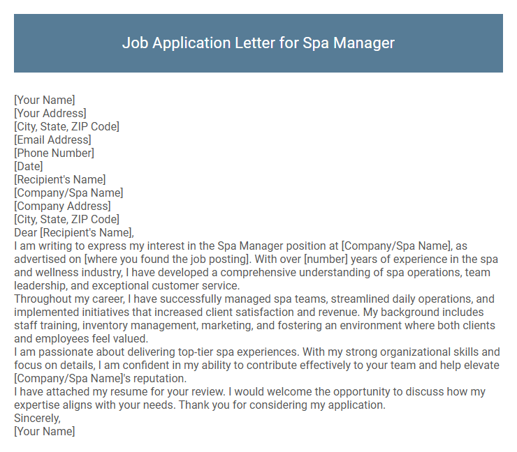 Job Application Letter for Spa Manager