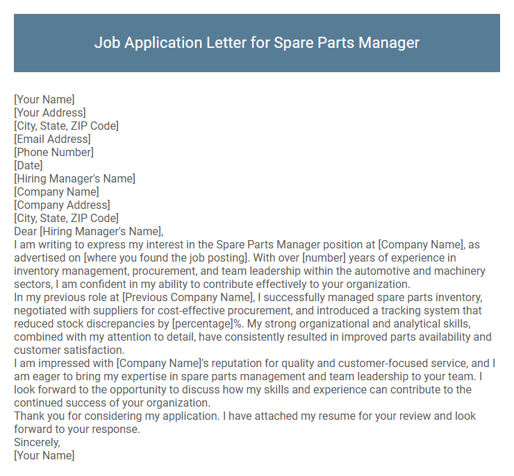 Job Application Letter for Spare Parts Manager